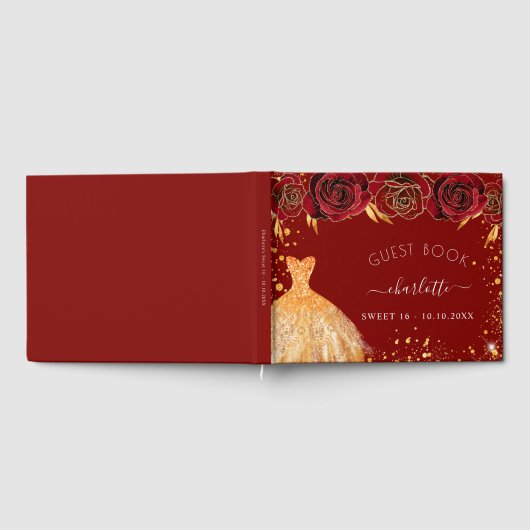 Zoete 16 rode gouden glitterjurk bloemen gastenboek (Volledig)