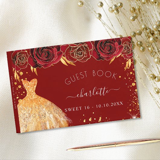 Zoete 16 rode gouden glitterjurk bloemen gastenboek
