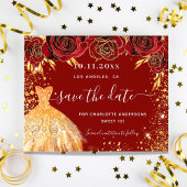 Zoete 16 rode gouden jurk budget save the date flyer