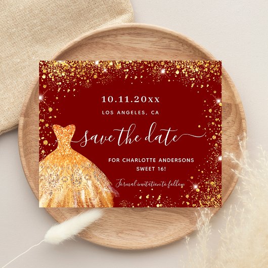 Zoete 16 rode gouden jurk budget save the date flyer