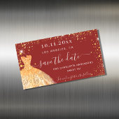 Zoete 16 rode gouden jurk save the date-magneet