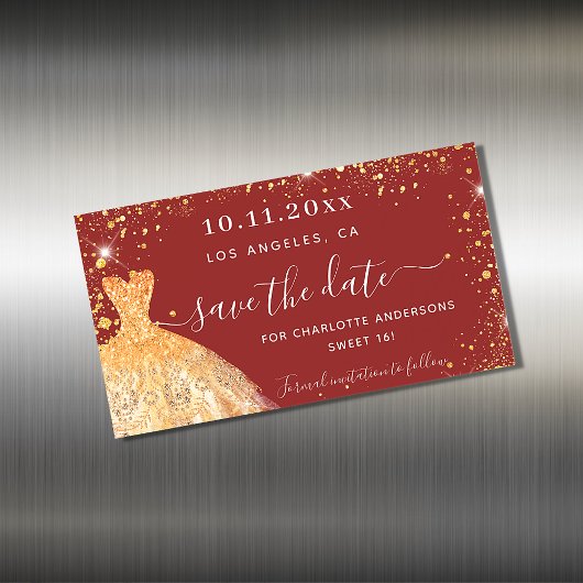 Zoete 16 rode gouden jurk save the date-magneet