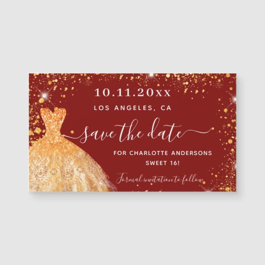 Zoete 16 rode gouden jurk save the date-magneet (Voorkant)