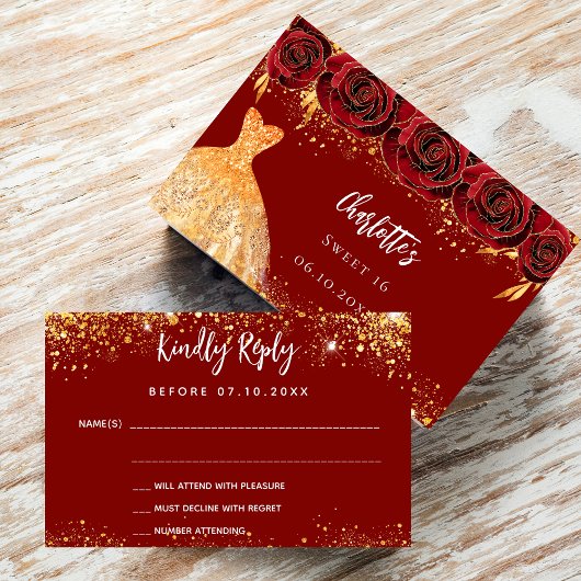 Zoete 16 rode jurk bloemen gouden RSVP kaart