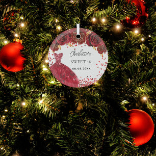 Zoete 16 rode jurk bloemen wit glas ornament