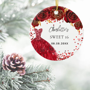 Zoete 16 rode jurk bloemen wit keramisch ornament