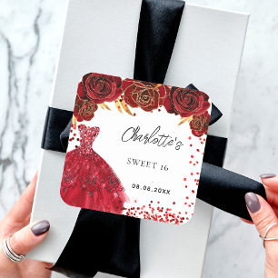 Zoete 16 rode jurk bloemen wit vierkante sticker
