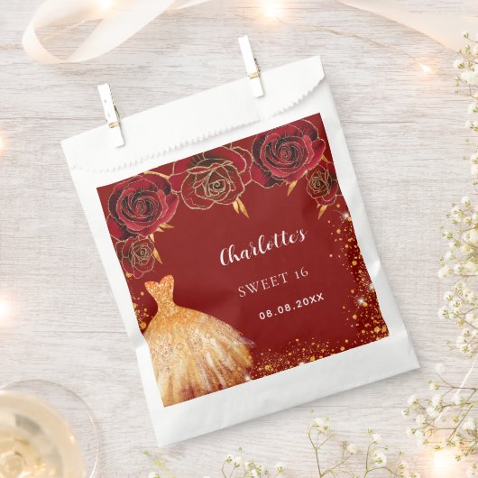 Zoete 16 rood gouden jurk bloemen bedankzakje (Geknipt)