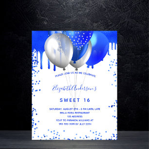 Zoete 16 royal blue-white budget uitnodiging flyer