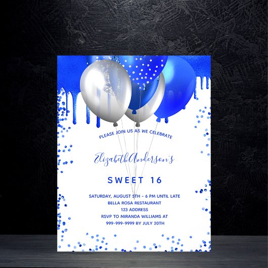 Zoete 16 royal blue-white budget uitnodiging flyer