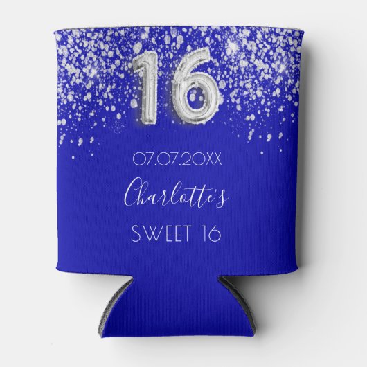 Zoete 16 royal blue zilver glitter stofnaam blikjeskoeler (Voorkant)