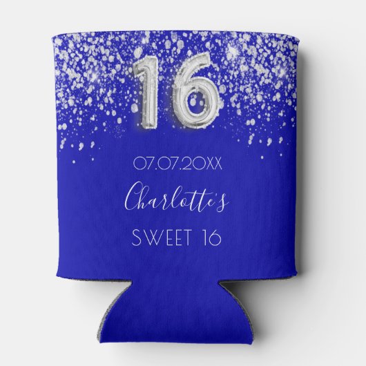 Zoete 16 royal blue zilver glitter stofnaam blikjeskoeler (Achterkant)