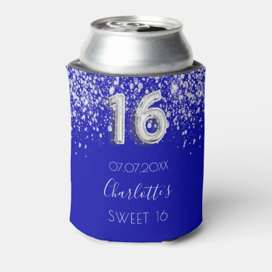 Zoete 16 royal blue zilver glitter stofnaam blikjeskoeler (Blikje Achterkant)