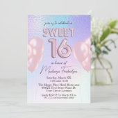 Zoete 16 roze ballonnen op holografisch verloop kaart (Staand voorkant)