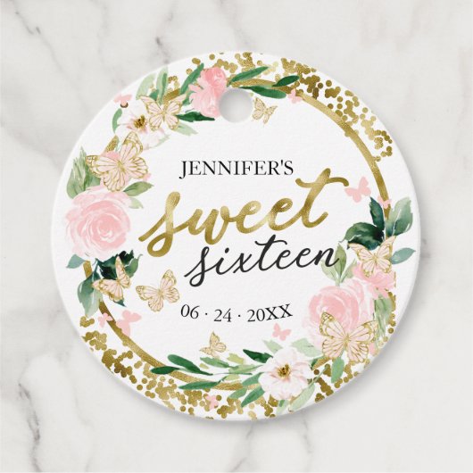 Zoete 16 Roze Bloem Vlinder Bedankjes Labels (Voorkant)