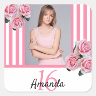Zoete 16 roze bloemen foto strepen elegant vierkante sticker