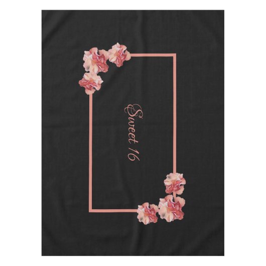 Zoete 16 roze bloemen op zwart tafelkleed (Voorkant)