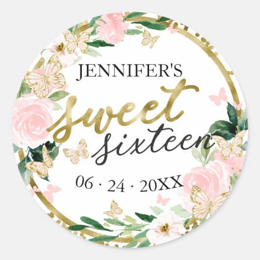 Zoete 16 Roze Bloemvlinder Ronde Sticker (Voorkant)