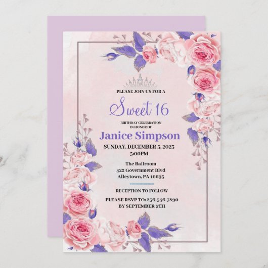 Zoete 16 roze en paarse rozen uitnodiging (Voorkant / Achterkant)