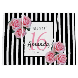 Zoete 16 roze floralen zwarte witte strepen groot cadeauzakje
