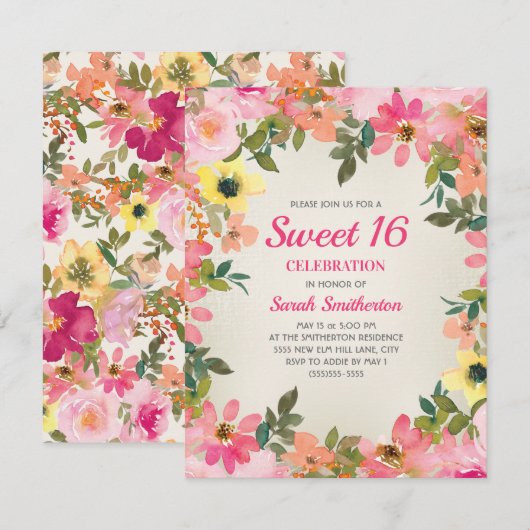 Zoete 16 roze gele Waterverf bloemen Kaart (Voorkant / Achterkant)