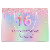 Zoete 16 roze glitter druppelt holografische naam groot cadeauzakje (Voorkant)