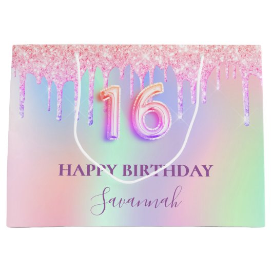 Zoete 16 roze glitter druppelt holografische naam groot cadeauzakje (Voorkant)