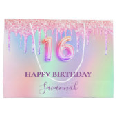 Zoete 16 roze glitter druppelt holografische naam groot cadeauzakje (Achterkant)