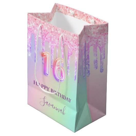 Zoete 16 roze glitter druppelt holografische naam medium cadeauzakje (Voorkant Gekanteld)