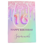 Zoete 16 roze glitter druppelt holografische naam medium cadeauzakje (Voorkant)