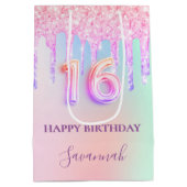 Zoete 16 roze glitter druppelt holografische naam medium cadeauzakje (Achterkant)