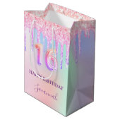 Zoete 16 roze glitter druppelt holografische naam medium cadeauzakje (Achterkant Gekanteld)