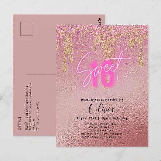Zoete 16 Roze Glitter Folie Meisjesachtige Moderne Briefkaart (Voorkant / Achterkant)