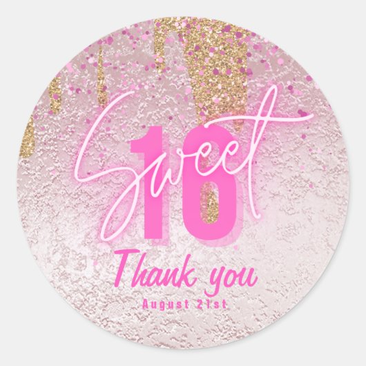 Zoete 16 Roze Glitter Folie Vrouwelijke Moderne Ro Ronde Sticker (Voorkant)