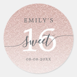 Zoete 16 Roze Glitter Ombre Aangepaste Naam Datum  Ronde Sticker