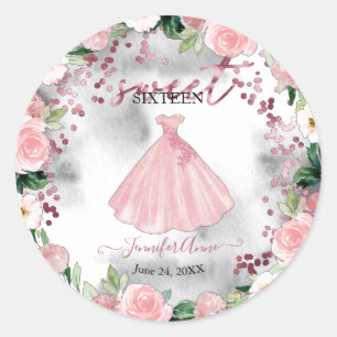Zoete 16 Roze Gouden Blush Bloemenschildering Jurk Ronde Sticker