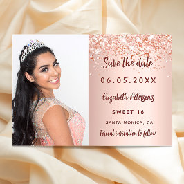 Zoete 16 roze gouden blush foto confetti save the date