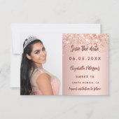 Zoete 16 roze gouden blush foto confetti save the date (Voorkant)