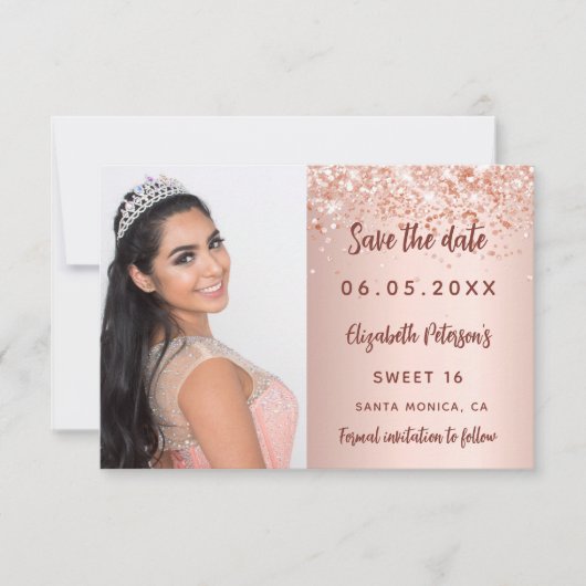 Zoete 16 roze gouden blush foto confetti save the date (Voorkant)
