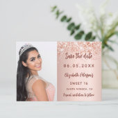 Zoete 16 roze gouden blush foto confetti save the date (Staand voorkant)