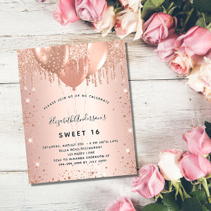 Zoete 16 roze gouden blush glitter budget uitnodig flyer