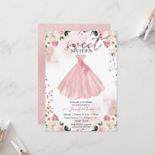 Zoete 16 Roze Gouden Blush Watercolor Bloemen Jurk Kaart