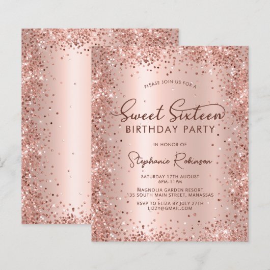 Zoete 16 Roze Gouden Glitter Verjaardagsuitnodigin (Voorkant / Achterkant)