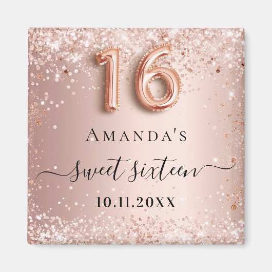 Zoete 16 roze gouden glitterspoeder naam magneet (Voorkant)