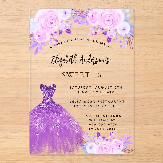 Zoete 16 roze paarse bloemen jurk doorzichtig acryl uitnodigingen (Voorkant)