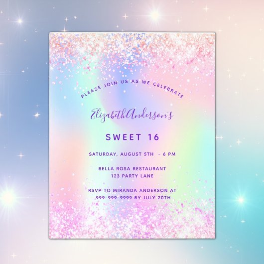 Zoete 16 roze paarse glitter budget uitnodiging flyer