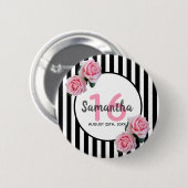 Zoete 16 roze rozen zwarte witte strepen ronde button 5,7 cm (Voorkant /achterkant)