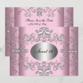 Zoete 16 Roze Zilver Elegant Save The Date (Voorkant / Achterkant)