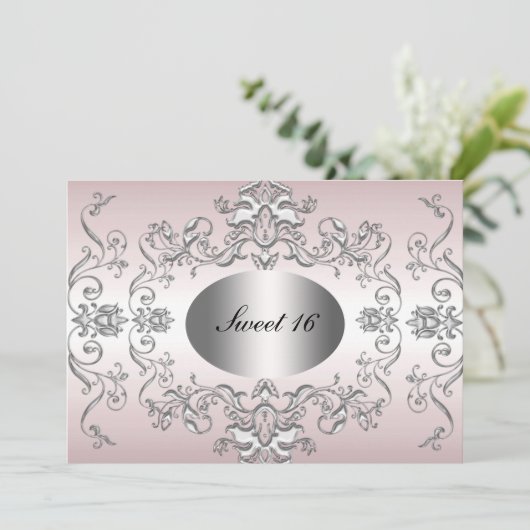 Zoete 16 Roze Zilveren Elegante Uitnodiging (Staand voorkant)