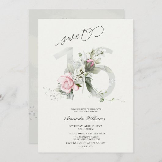 Zoete 16 Rozen grijs | Zilver Romantic Uitnodiging (Voorkant / Achterkant)